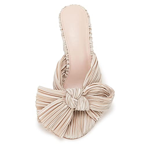 VETASTE Women's Pleated Bow Knot Heeled Sandals Comfortable Slip On Open Toe Block Chunky Heel Slides Bridal Wedding Dress Shoes4