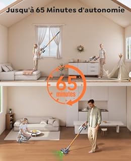 SMOTURE Aspirateur Balai sans Fil 600W/50KPa/65Min, Aspirateur sans Fil Puissant avec Tuyau Extensible 1m, Charge Murale, Mode Auto, Aspirateur Balai Écran LCD pour Poils d’Animaux/Sols/Tapis/Voiture