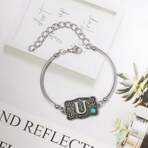 Image of Belt Buckle Bracelet Initial Letter A-Z Bracelets Western Cow Tag Bracelet Belt Buckle Necklace Western Style Initial Letter Pendant Necklace
