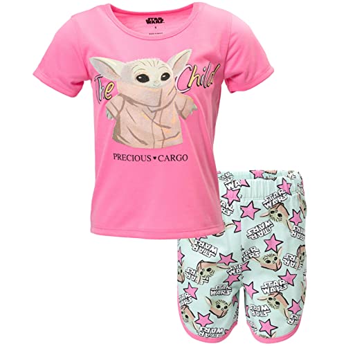 Image of STAR WARS The Mandalorian Grogu Girls T-Shirt and French Terry Shorts Outfit Set Toddler to Big Kid Sizes (4-14-16)