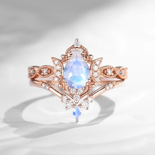 1CT Moonstone Wedding Ring Set for Women 925 Sterling Silver 10K 14K 18K Gold Moonstone and Moissanite Engagement Ring Set Anniversary Promise Rings4
