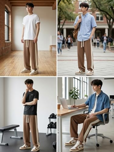 Image of GRECIILOOKS Trouser for Men | Man Relaxed Fit Trousers Twill Track Style | Straight Fit Wide Leg Trousers for Mens with Drawstring Waist | Korean Casual Travel Streetwear Pants