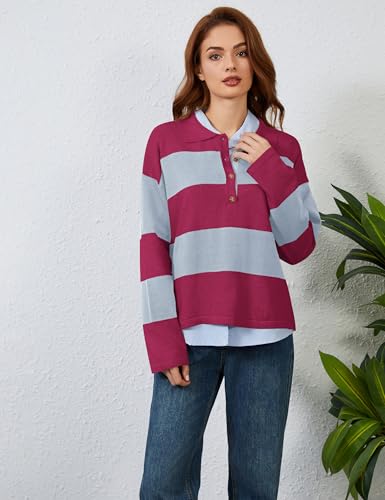 Image of Womens Striped Sweater Rugby Polo Shirts Y2k Collar Pullover Tops | Rugby Shirt,Long Sleeve Knit Top,Lapel V Neck Jumper,Oversized,Casual Outings Streetwear,Preppy Sweater,Fall Winter Clothes