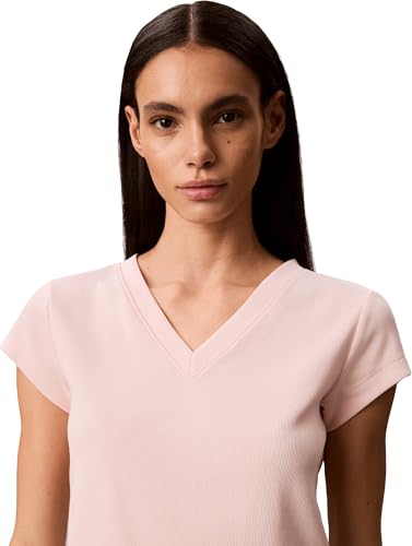 Calvin Klein Damen T-Shirt Kurzarm Woven Label Rib Tee mit V-Ausschnitt, Rosa (Mangano Calcite), XL – Ansicht 4