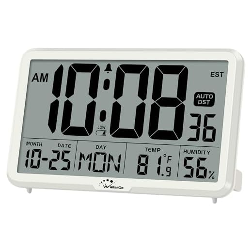 WallarGe Auto Set Digital Wall Clock Battery Operated, Desk Clocks with Temperature, Humidity and Date, Large Display Digital Calendar Alarm Clock for Elderly, Bedroom, Office, 8 Time Zone, Auto DST.