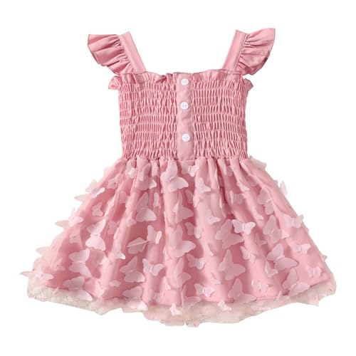 Toddler Girls Tulle Dress Kids 3D Butterfly Applique Ruffle Straps Smocked Button A-Line Summer Dresses 1-5 Years