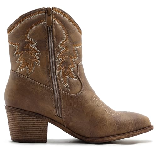 Image of GLOBALWIN Women's Cowgirl Boots Ankle Brown Cowboy Boots With Embroidered Stitching Low Heel Comfortable Western Boots For Country Outfits