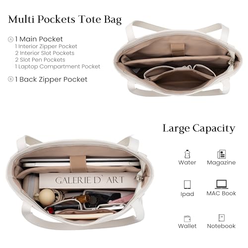 Image of befen Genuine Leather Tote Bag for Women Work Travel Leather Purse Handbags | Real Leather, Padded 14 inch Laptop Compartment, Multi-Pockets, Zipper, Tote Bag for Daily