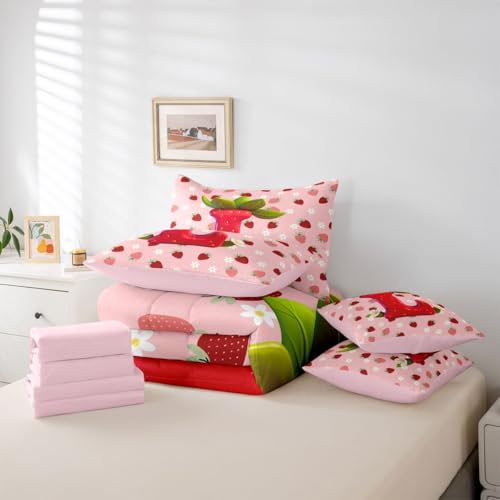 Image of Feelyou Girls Pink Red Strawberry Comforter Set Queen Size 7 Pieces Initial Letter L Bedding Set Kids Boys Girls Princess Strawberry Bed in a Bag with Comforter, Sheets, Pillowcases, Cushion Covers