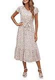 Manydress Womens Summer Casual Flutter Sleeve V Neck Dresses Chiffon Floral Print Ruffle Boho Midi Dress with Belt MY115 (Beige Print, L)