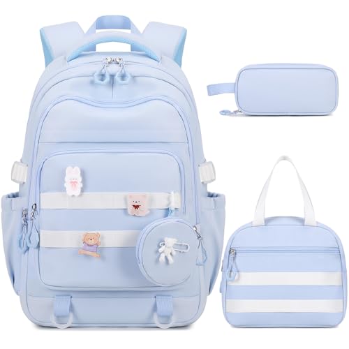 ACESAK Backpacks for Girls - 4PCS Girls Backpack with Lunch Bag & Pencil Pouch Coin Pruse for Teens Kids Elementary Middle High School College Student Bookbag Daypack (Blue)