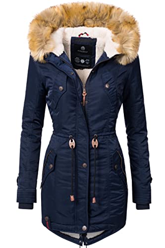 Navahoo Damen Wintermantel Warmer Parka lang mit Kapuze La Viva Blau Gr. S