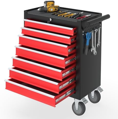 7-Drawer Rolling Tool Chest With Wheels - Green Steel Organizer, 29.5"H, Locking Drawers, Brake Casters For Garage