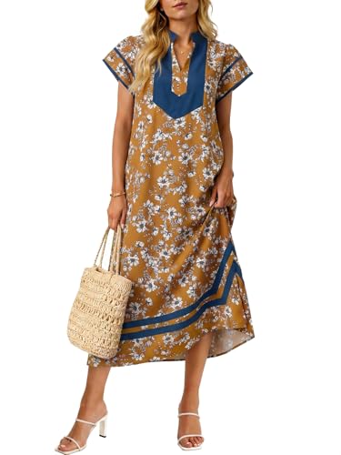 Image of Wenrine Womens Summer Floral Maxi Dress Casual Short Cap Sleeve V Neck Color Block Side Slit Loose Boho Beach Dresses