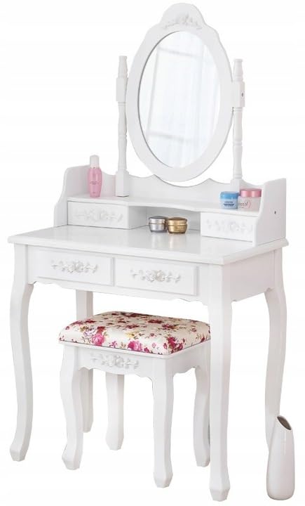 BDW TL01 Toeletta - con specchio, cassetti e sgabello - Tavolino - per camera da letto, cameretta dei ragazzi -Tavolo da trucco - Tavolo da toeletta - Tavolo per cosmetici - Stile vintage - Bianco