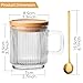 Glass Coffee Mugs, 11oz Glass Coffee Cups with Bamboo Lids and Spoon, Clear Coffee Cups Set of 2, Espresso Cups for Coffee Bar Accessories, Cute Ribbed Glassware Set for Latte, Cappuccino, Tea, Gift