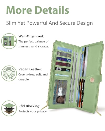 Image of Green Women's Slim Wallet,Thin RFID Card Holder with Zipper Pocket | 12 Slot Wallet Organizer, Large Capacity, Vegan Leather, Coin Purse, Cash Compartment, Travel Wallet, Women Gift