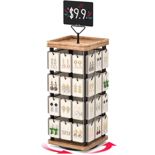 THYGIFTREE Rotating Earring Display for Vendors, Jewelry Display Stand for Selling, Necklace Display Stands Earring Cards for Selling Bracelets, Jewelry Towers (Natural Wood)