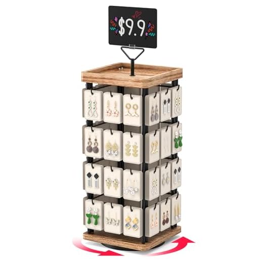 THYGIFTREE Drehbarer Ohrring-Display für Verkäufer, Schmuckständer zum Verkauf, Halskettenständer, Ohrringkarten zum Verkauf von Armbändern, Schmucktürmen (Naturholz)