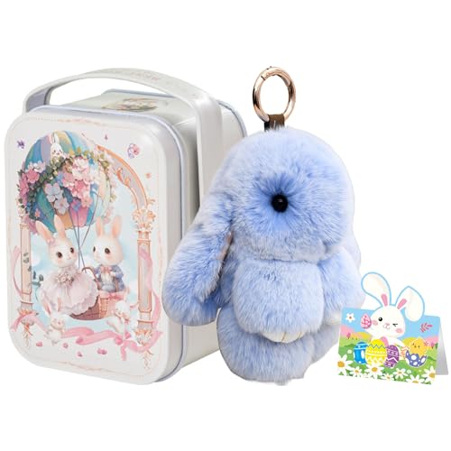 Bunny Lulu Keychain with Tin Box, Easter Handmade Soft Bunny Pompom Charms, Fluffy Bunny Keychain, Cute Rabbit Key Ring Charm for Bags, Backpacks, Women, Girls