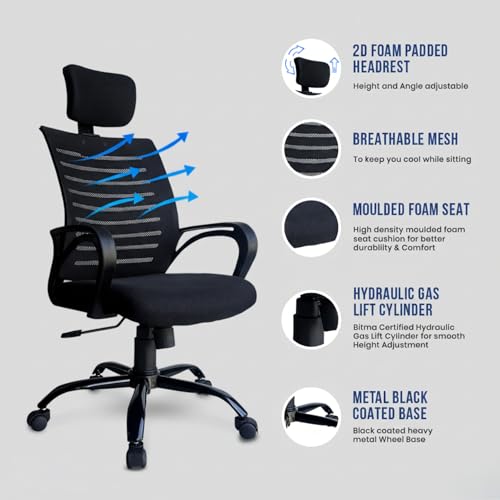 Image of Kepler Brooks Aspira Office Chair for Work, Ergonomic Office Chair, Computer Chair, Study Chair for Home, 2D Headrest, Tilt Lock Mechanism with Seat Height Adjustment, Heavy Duty Metal Base (Black)