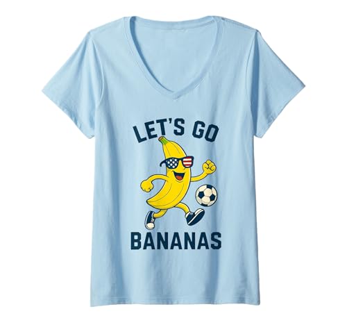 Womens Funny Banana Soccer Cartoon Kicking Ball USA Flag Glasses V-Neck T-Shirt