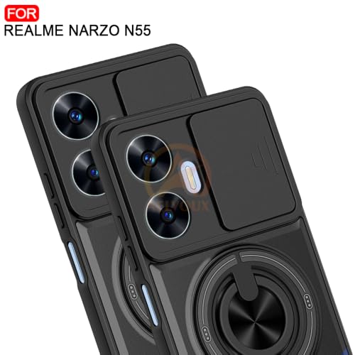 Image of Realme Narzo N55 / C55 Back Cover | Armor Camera Slider 360 Degree Rotating Finger Ring Holder Case with Bracket Stand Back Case Cover (Compatible with MagSafe Accessories) (Black)