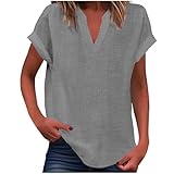 Damen Sommer T-Shirts Stilvolle Einfarbig Kurzarm Leinen Blusen Casual V Ausschnitt Loose Fitting Tunika Tees Damen Freizeit T-Shirts Tägliche Arbeit Tops, grau, XXL