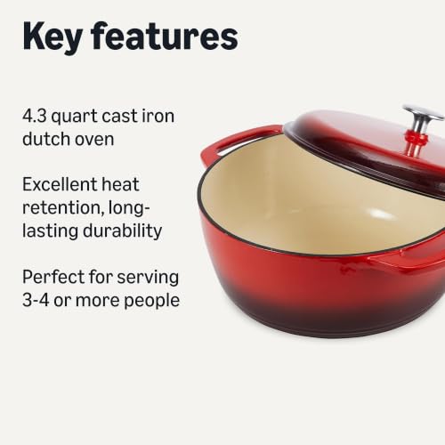 Image of Amazon Basics Enameled Cast Iron Dutch Oven Pot with Lid, Round, Dual Handles, Heavy-Duty, Oven Safe for Stews, Roasting, Baking, 4.3-Quart, Red