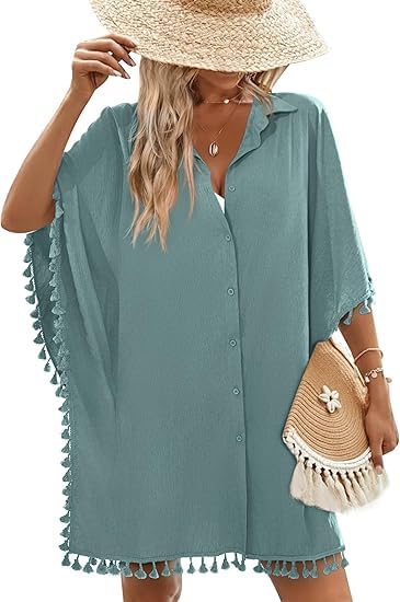ELESOL Womens Swimwear Cover Ups 3 4 Sleeve Beach Coverup with Tassel Button Down Oversized Swimsuit Cover Up