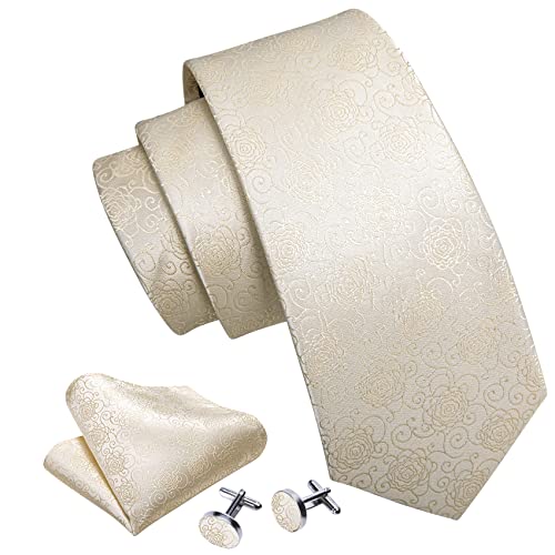 Image of Barry.Wang Flower Ties for Men Handkerchief Cufflinks Set Wedding Necktie Set Party