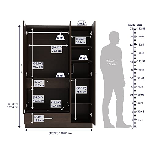 Image of Wakefit Wardrobe | 1 Year Warranty | Engineered Wood Almirah, Cupboard for Clothes Storage | 3 Door, 2 Drawers, 1 Hanging Space | Gingham - Wenge