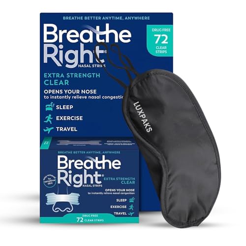 Nasal Strips Extra Strength Clear 72 Pcs for Deviated Septum Relief and Snoring Reduction Breathe Right Bundled with LUXPAKS Sleeping Mask
