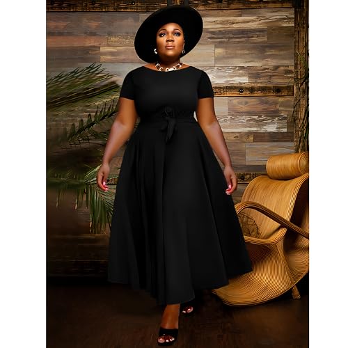 Image of BFFBABY Plus Size Dress A Line Dresses for Women Summer Long Dresses with Sleeve Casual Belted