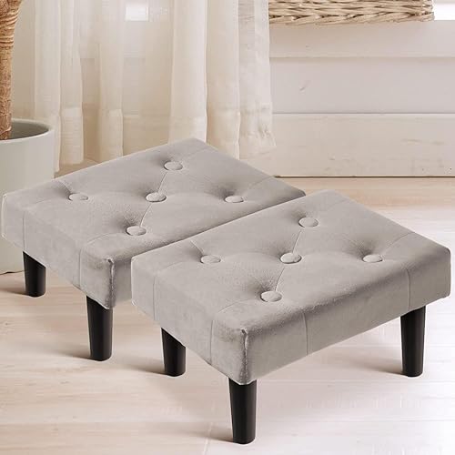 Image of Small Velvet Soft Foot Rest Footstool Ottoman with 4 Wooden Legs, Additional Seating Sofa Footrest for Living Room Entryway Set of 2 Grey