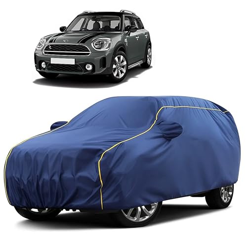 Image of Sulfar 100% Water Resistant Car Body Cover Compatible with Mirror for BMW Countryman Coupe (Triple Stitched, Full Bottom Elastic, Blue Taffeta with Yellow Piping)
