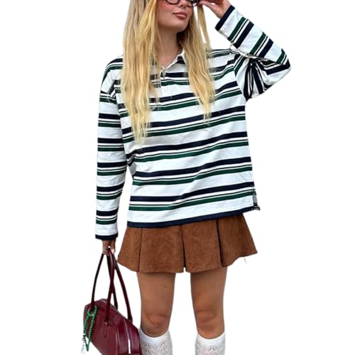 Edhomenn Sudadera a rayas para mujer, de manga larga, cuello de solapa, blusa casual de patchcolor, polo, estilo Y2k, ropa de otoño, 02 Multicolor, M