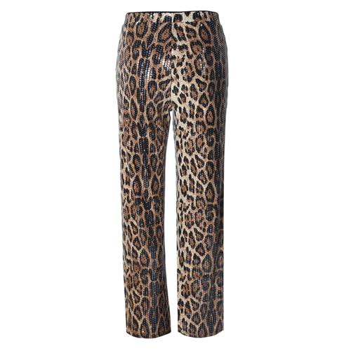 Women Stretch Sequin Leopard Print Straight Leg Pants High Waisted Trousers4