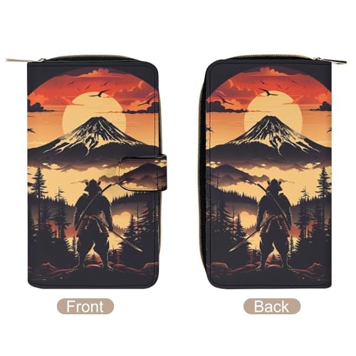 Japanese Samurai Forest Leather Wallets,Long Wallet Purse,Slim Thin Leather Bifold Card Holder Wallet,Adjustable Buckle,Multi Cards Case,Large Capacity3