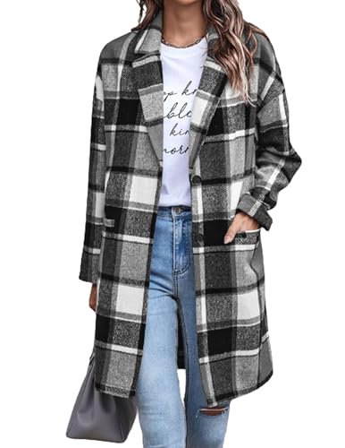 Veste à carreaux mi-longue Zeagoo pour femme avec poches pratiques
