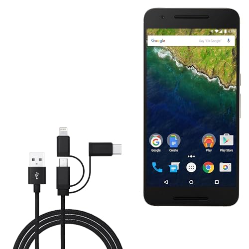 BoxWave Cable Compatible with Google Nexus 6P - AllCharge 3-in-1 Cable - Jet Black