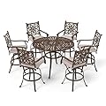 Sophia & William 7 Pieces Cast Aluminium Patio Bar Set for 6, Round Outdoor Bar Height Table and Swivel Bar Stools, Patio High Top Pub Set with Bar Counter Height Chairs and 2.2" Umbrella Hole