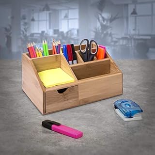 woodluv Bamboo Desk Tidy Organisers Pen Pencil Holder Letter Rack Tablet Holder, Multi-funtional Storage Organizer, 24.5 x 15 x 11cm