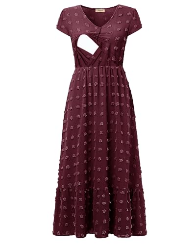 Image of CzzzyL Women Nursing Boho Maxi Dresses Cap Short Sleeve V Neck Swiss Dot High Waisted A-Line Ruffle Tiered with Pockets