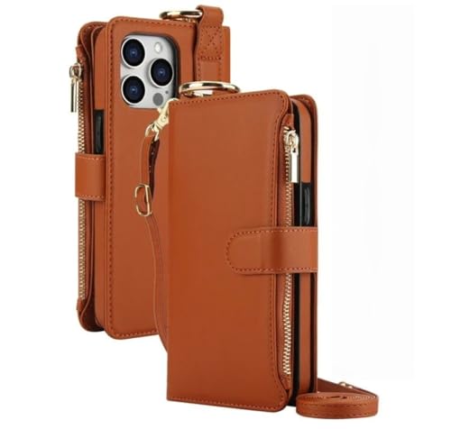 Étui portefeuille en cuir iPhone 13 12 anti-chute avec fermeture éclair et anneau de maintien