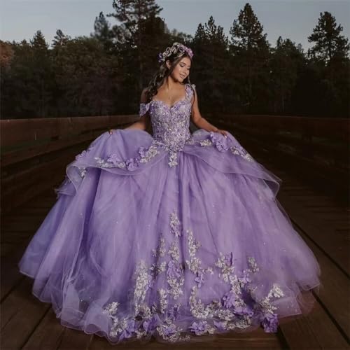 Mauuwy 3D Floral Quinceanera Dresses Ball Gown Puffy Sparkly Tulle Sweet 16 Dresses Off Shoulder Lace Princess Dress Y120