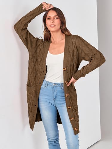 Image of PRETTYGARDEN Womens Cable Knit Button Long Cardigan Sweaters