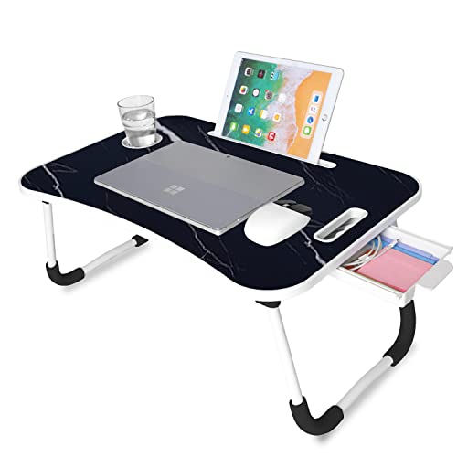 unycos - Plateau de Petit Déjeuner, Table de Lit Pliante Multifonctionnel, Plateau Bois, Support Ordinateur Portable avec Poignée, Porte-Gobelets, Porte-Tablette 60x40x26 cm (Marbre avec Tiroir)