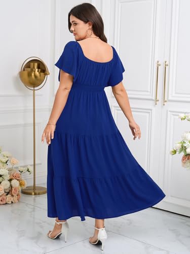 Image of SCOMCHIC Womens Plus Size Maxi Dress Formal Short Sleeve Square Neck Smocked Side Split Flowy A Line Tiered Long Dress