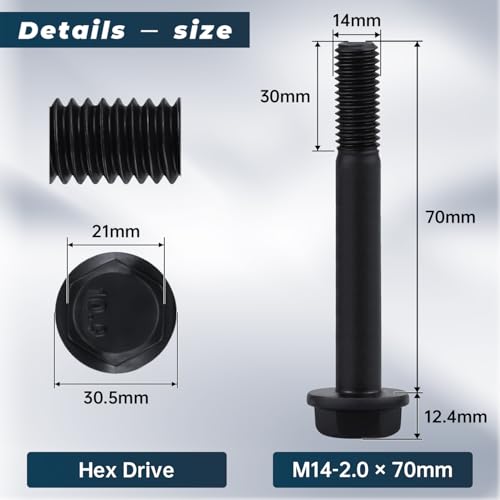 Image of M14-2.0 x 70mm Flange Bolt, Hex Head Flanged Bolt 10.9 Grade High Strength- Black Oxide Finish, Partial Thread, Metric- Heavy Duty for Automotive, Machinery & Construction (4 Pcs) 4 pcs